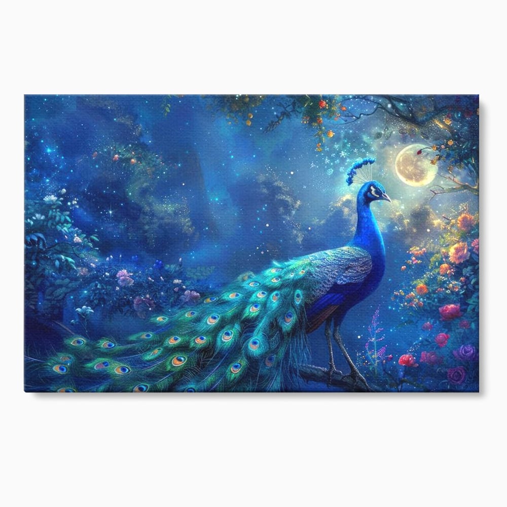 Tablou canvas cu tablou canvas cu paun albastru noaptea, fara rama, pe sasiu de lemn